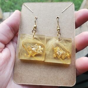 Square dangle resin earrings with gold leaf and fuzzy foliage